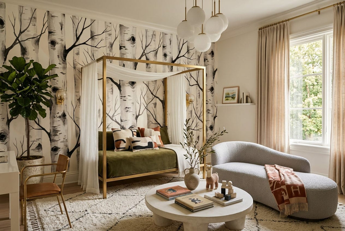 Serene White Organic Nordic Birch Forest Wallpaper Mural in white