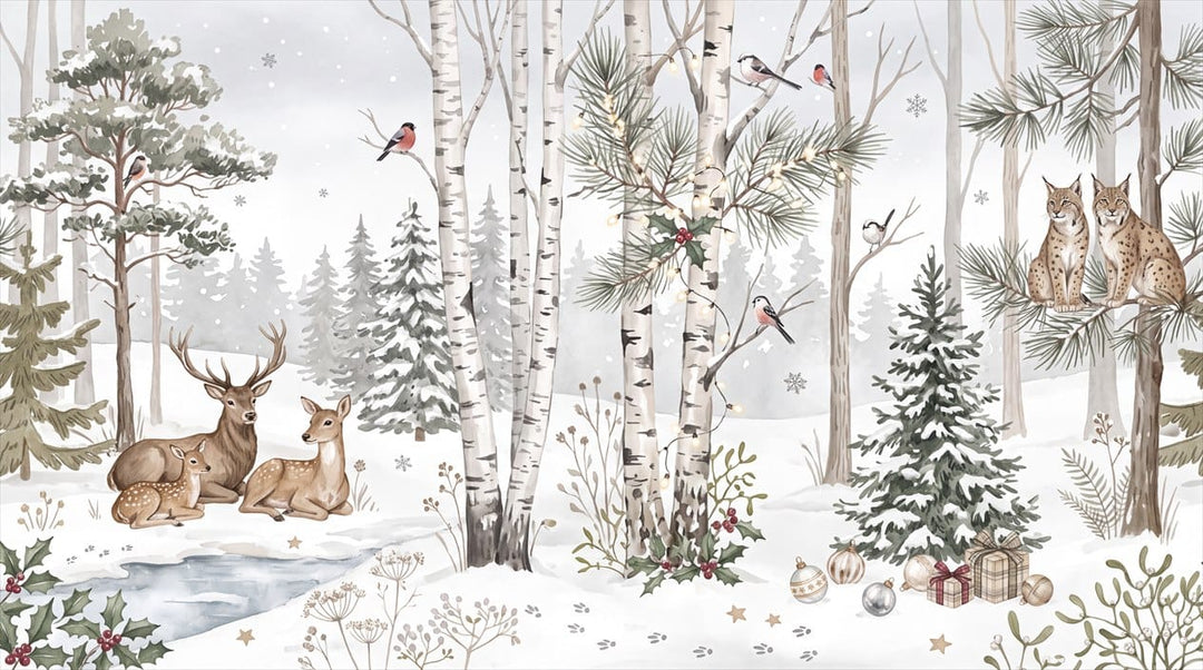 Cool White Rustic Nordic Winter Forest Wallpaper Mural in white