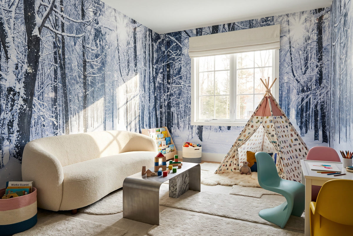 Snow Blue Christmas Nordic Winter Forest Wallpaper Mural in winter