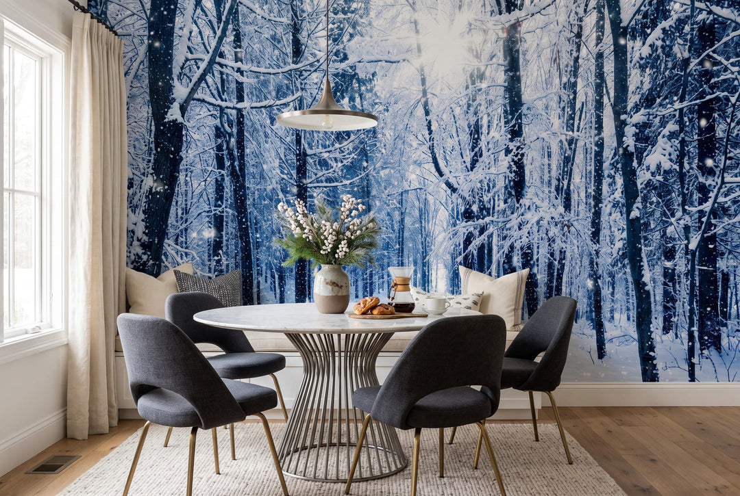 Snow Blue Christmas Nordic Winter Forest Wallpaper Mural in winter