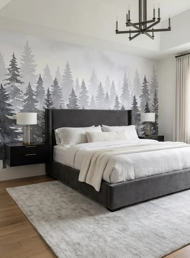 Festive Gray Nordic Christmas Winter Forest Wallpaper Mural in winter