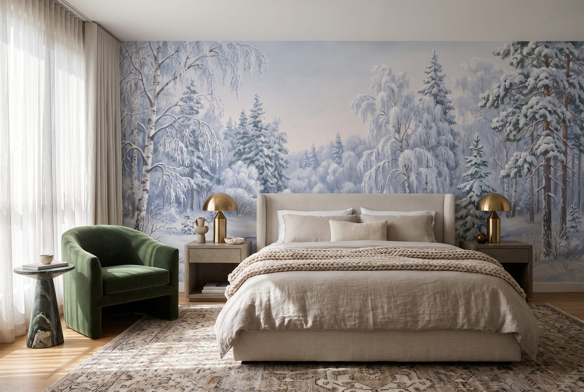 Magical Ice Blue Nordic Winter Forest Wallpaper Mural in winter
