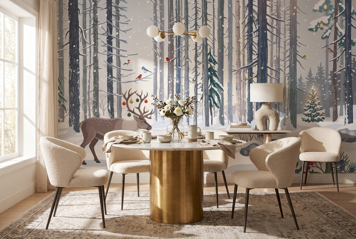 Pale Red Peaceful Nordic Winter Forest Wallpaper Mural in winter