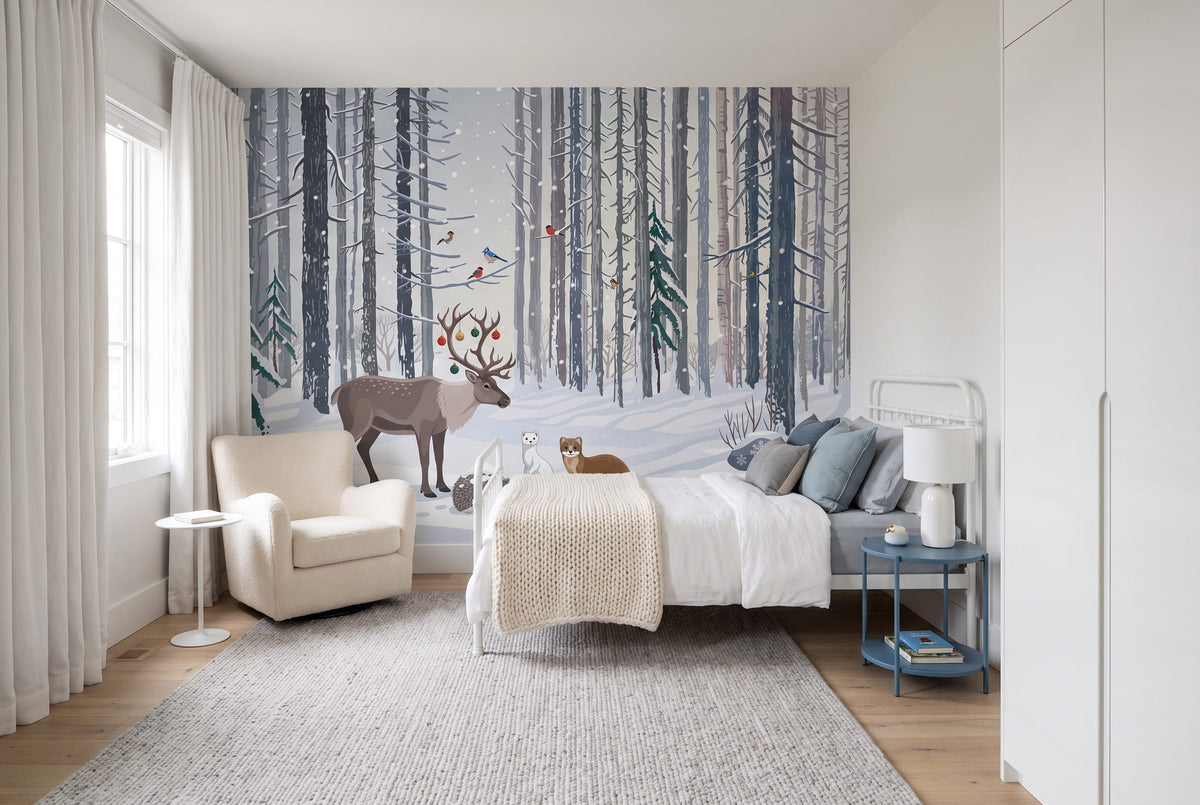 Pale Red Peaceful Nordic Winter Forest Wallpaper Mural in winter