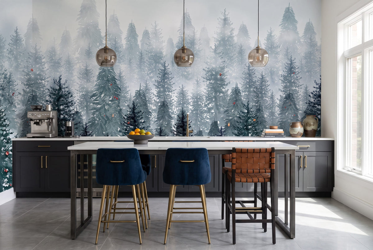 Teal Gray Tranquil Nordic Winter Forest Wallpaper Mural in winter