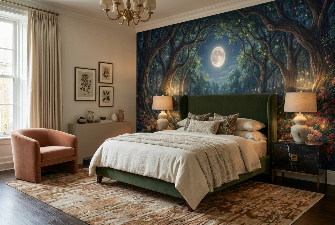 Sea Blue Firefly Nordic Night Forest Wallpaper Mural in winter