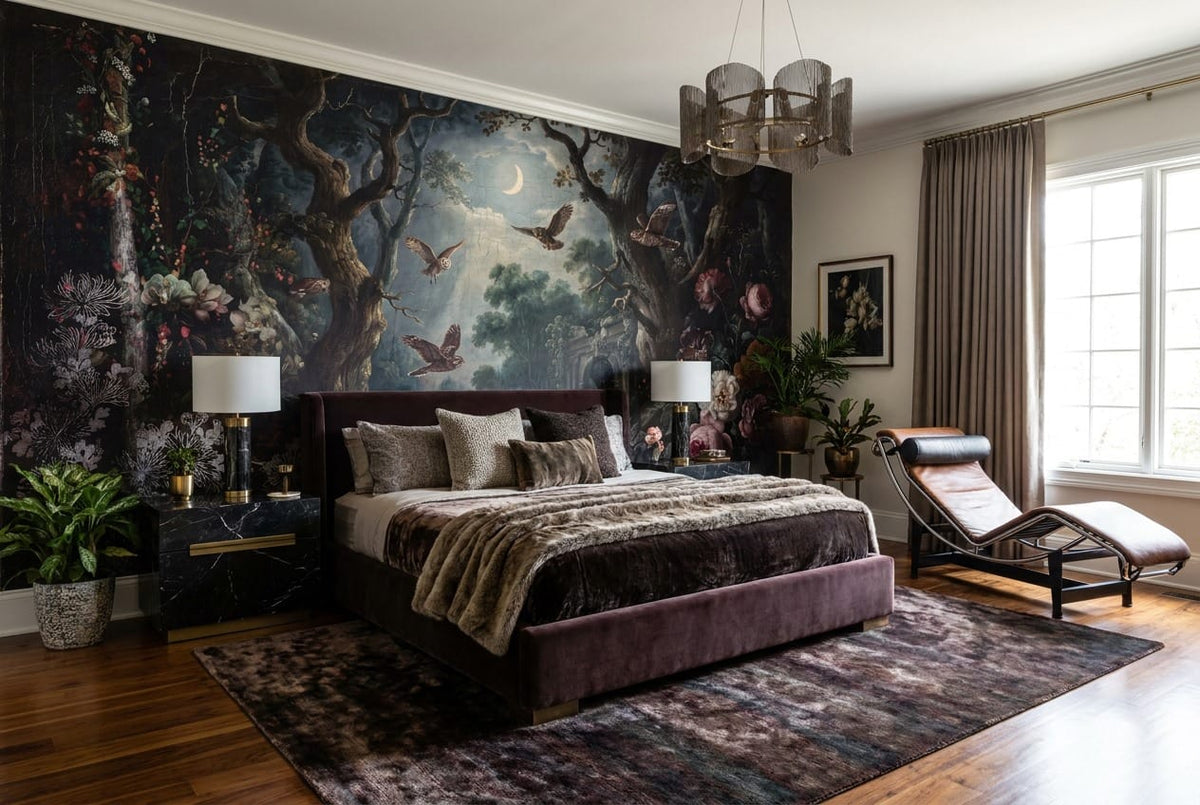 Starry Ink Moonlight Nordic Night Forest Wallpaper Mural in winter