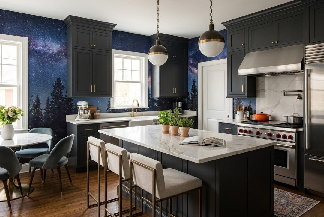 Navy Ink Dreamy Nordic Night Forest Wallpaper Mural in winter