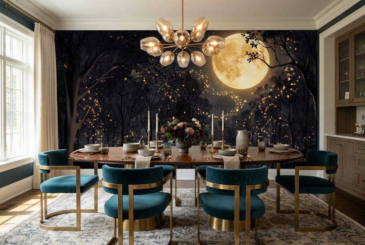 Purple Ink Enchanted Nordic Night Forest Wallpaper Mural in winter