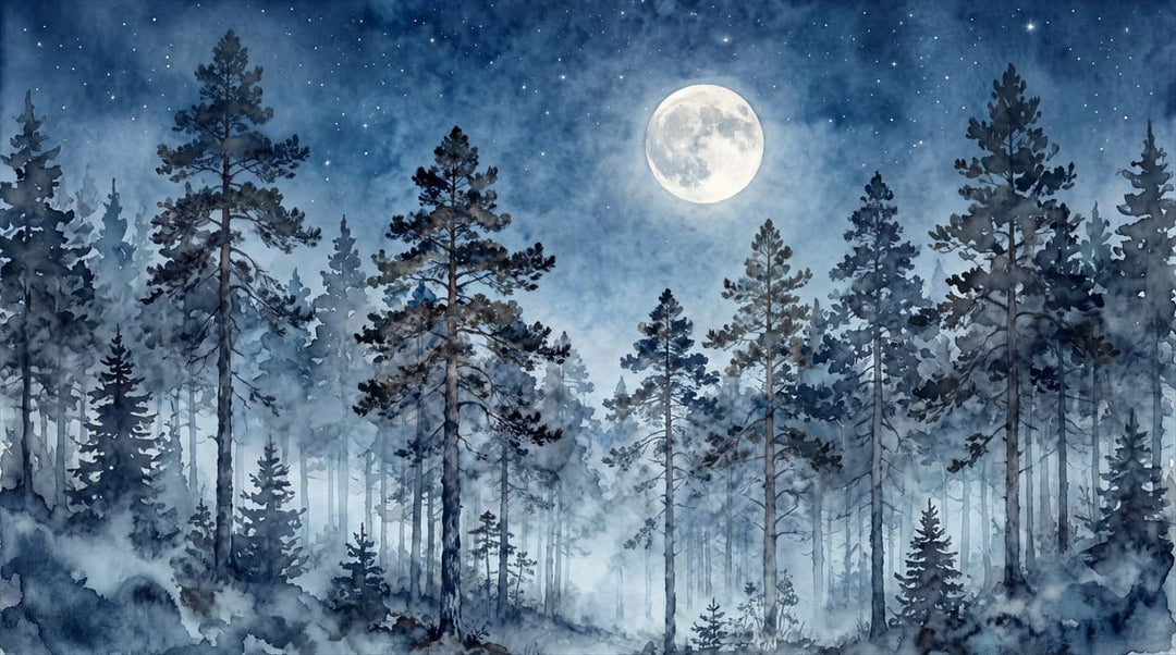 Indigo Sky Peaceful Nordic Night Forest Wallpaper Mural in winter