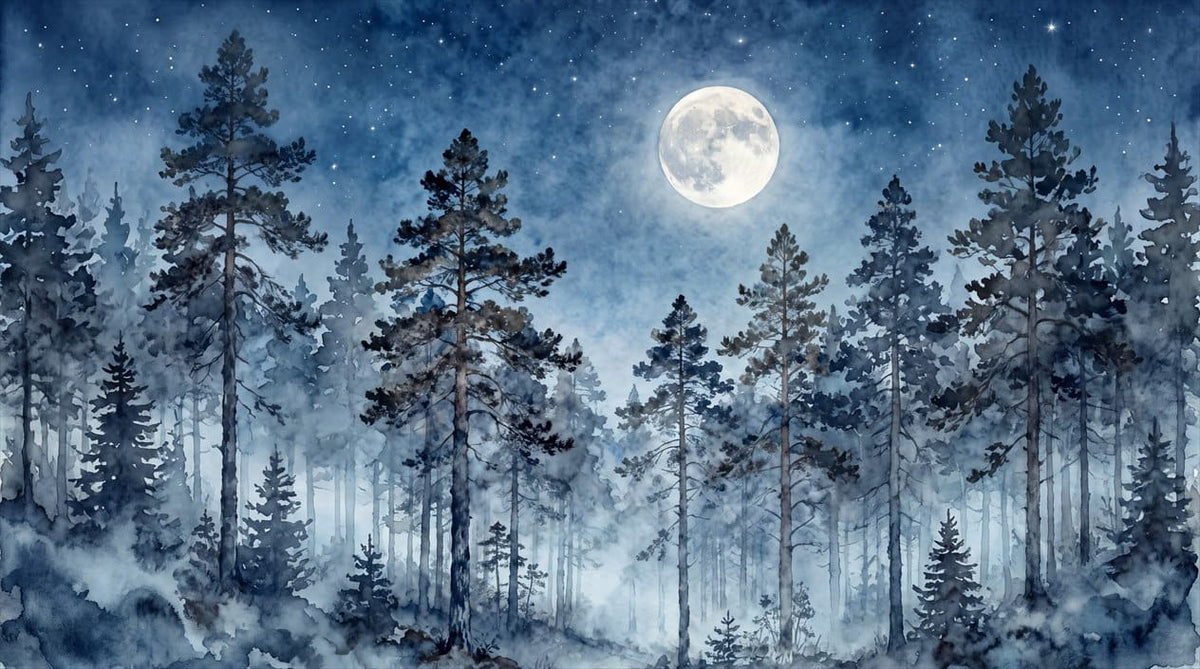 Indigo Sky Peaceful Nordic Night Forest Wallpaper Mural in winter