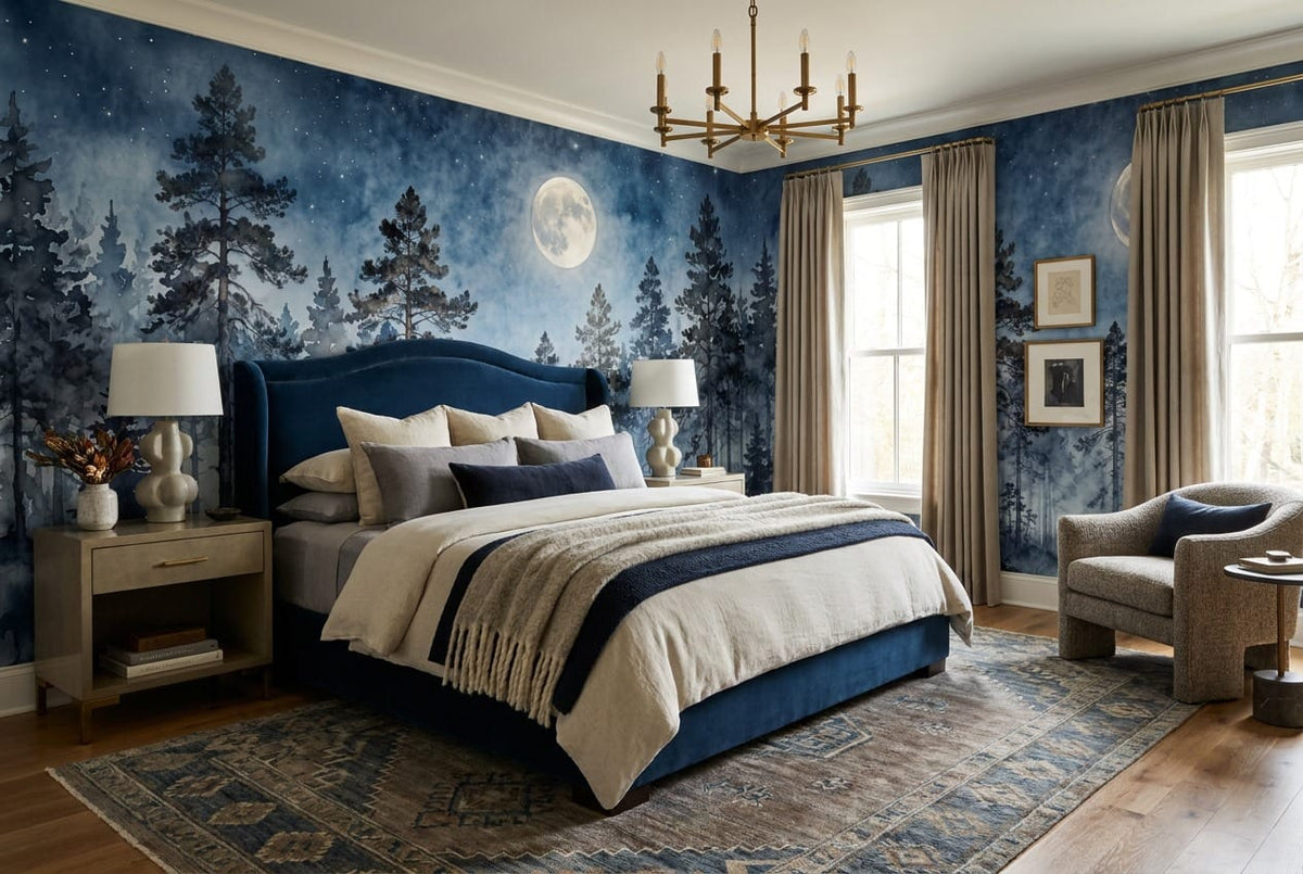 Indigo Sky Peaceful Nordic Night Forest Wallpaper Mural in winter