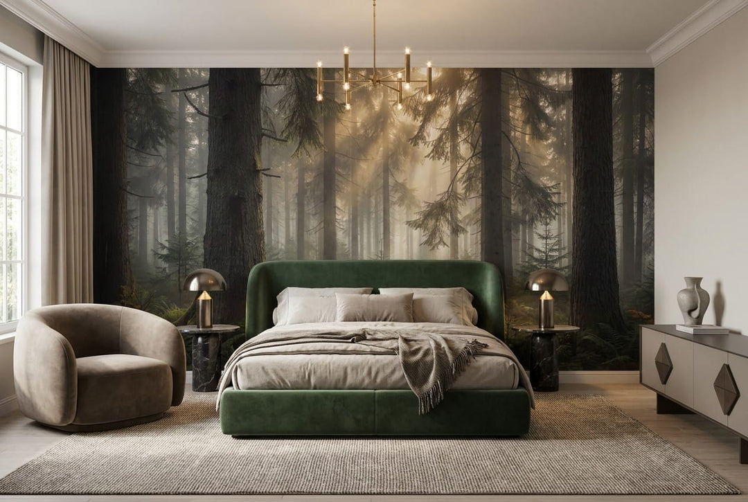 Midnight Tan Glowing Nordic Night Forest Wallpaper Mural in winter