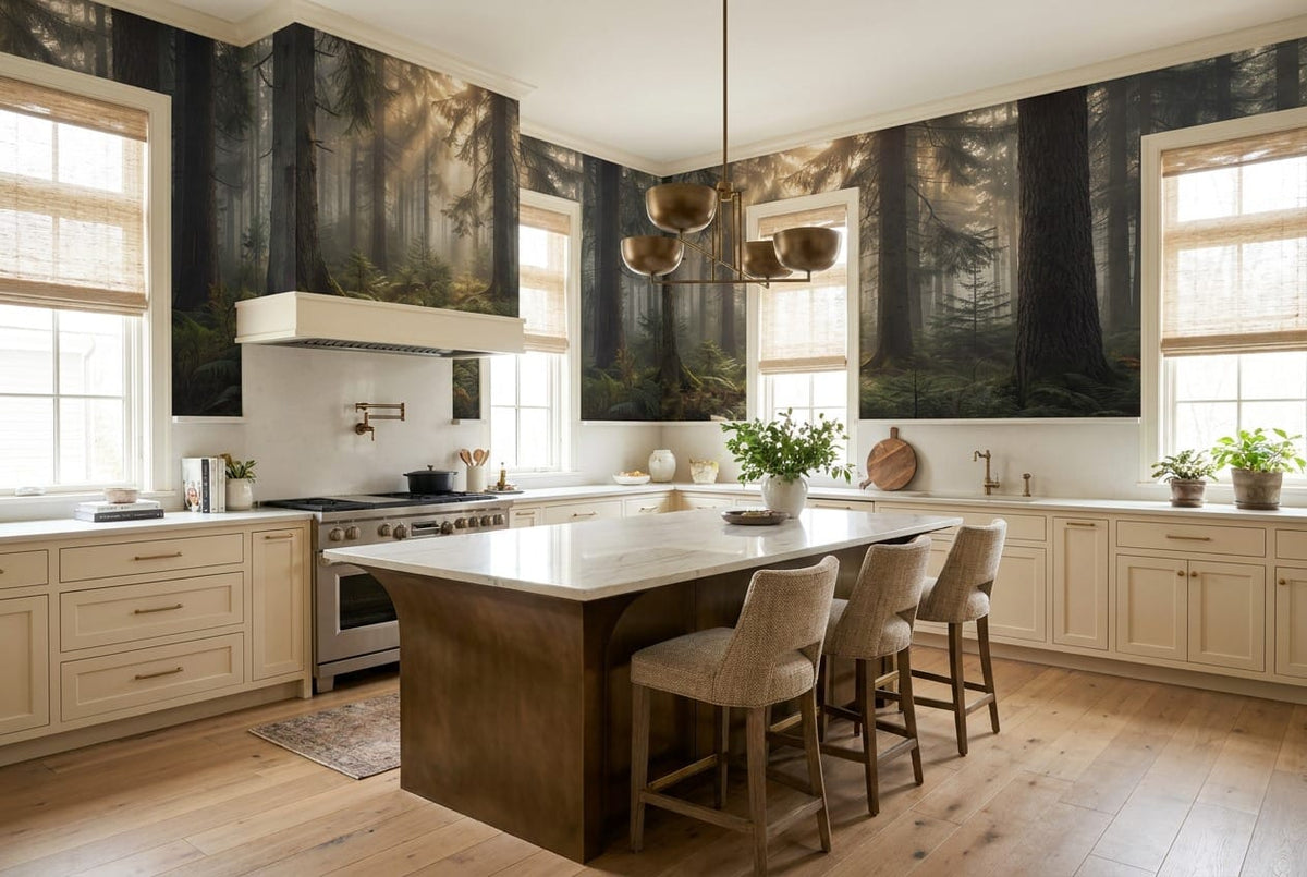 Midnight Tan Glowing Nordic Night Forest Wallpaper Mural in winter