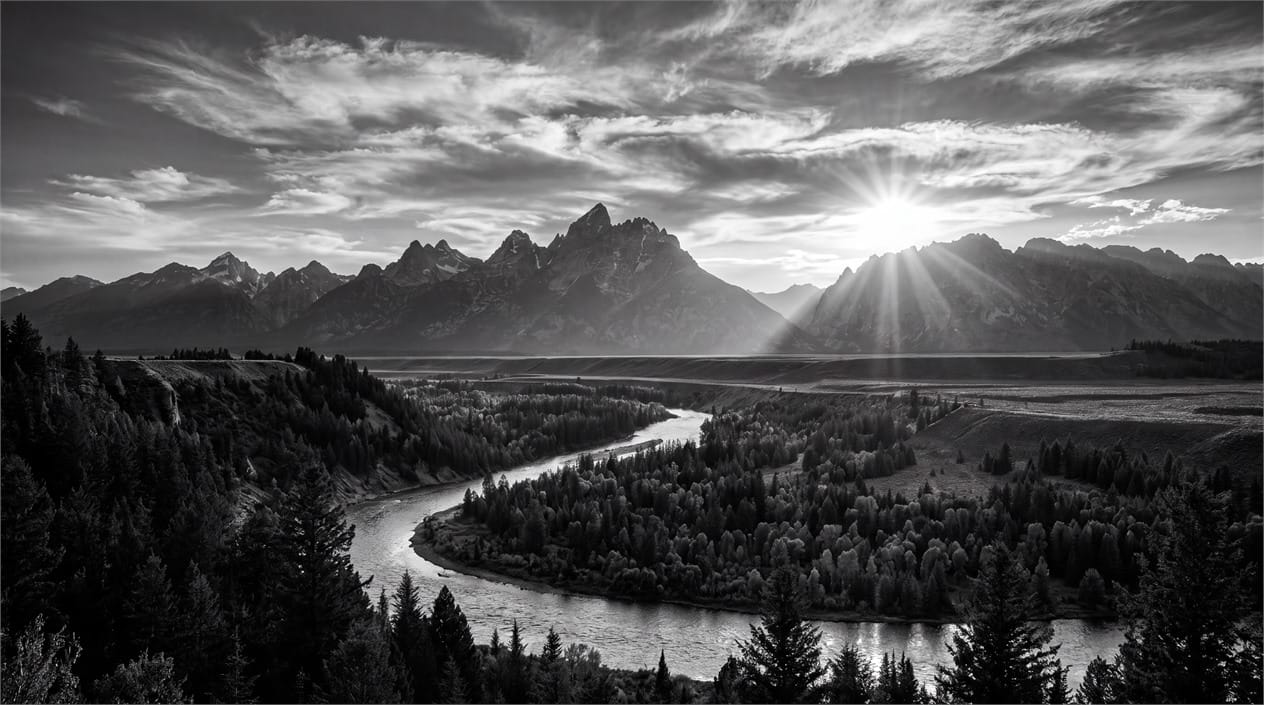 Black and White Mountain River Scenic Wallpaper Mural