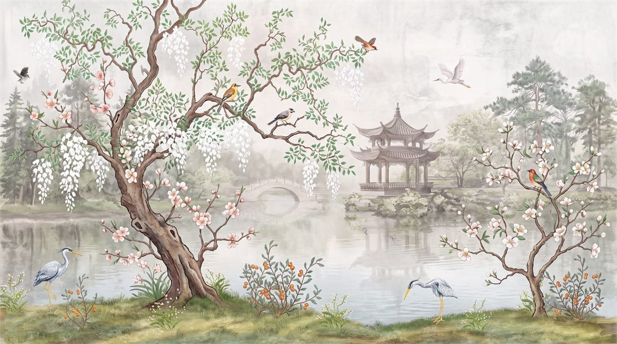 Blossom Crane Chinese Garden Lake Wallpaper Mural in york