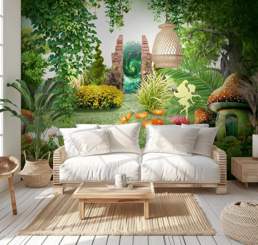 Enchanted Forest Mural Wallpaper with lush mushrooms, white sofa, light wooden flooring, wicker accents.