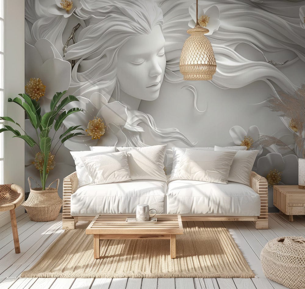 Elegant white floral mural wallpaper, sculpted petals, flowing hair, beige sofa, wicker furniture, wooden floor.