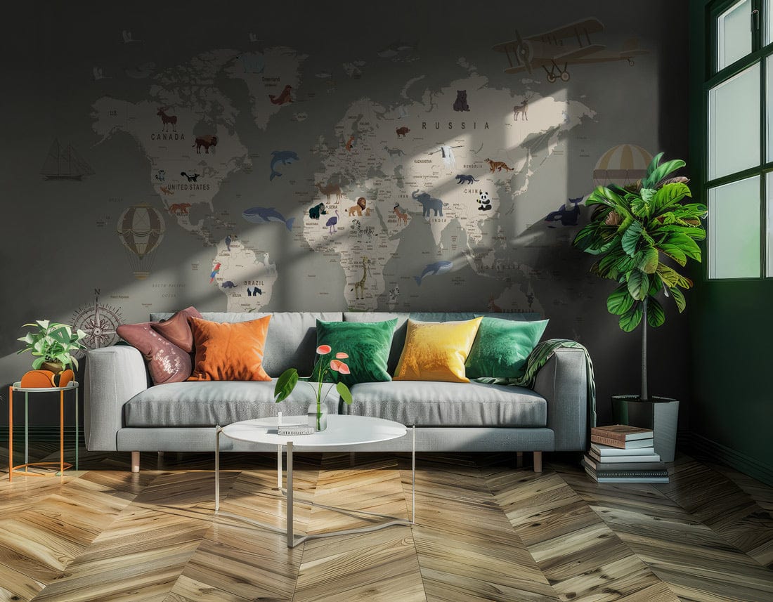Vintage World Map Wallpaper with Animals, grey sofa, wooden flooring, bright cushions in living room.