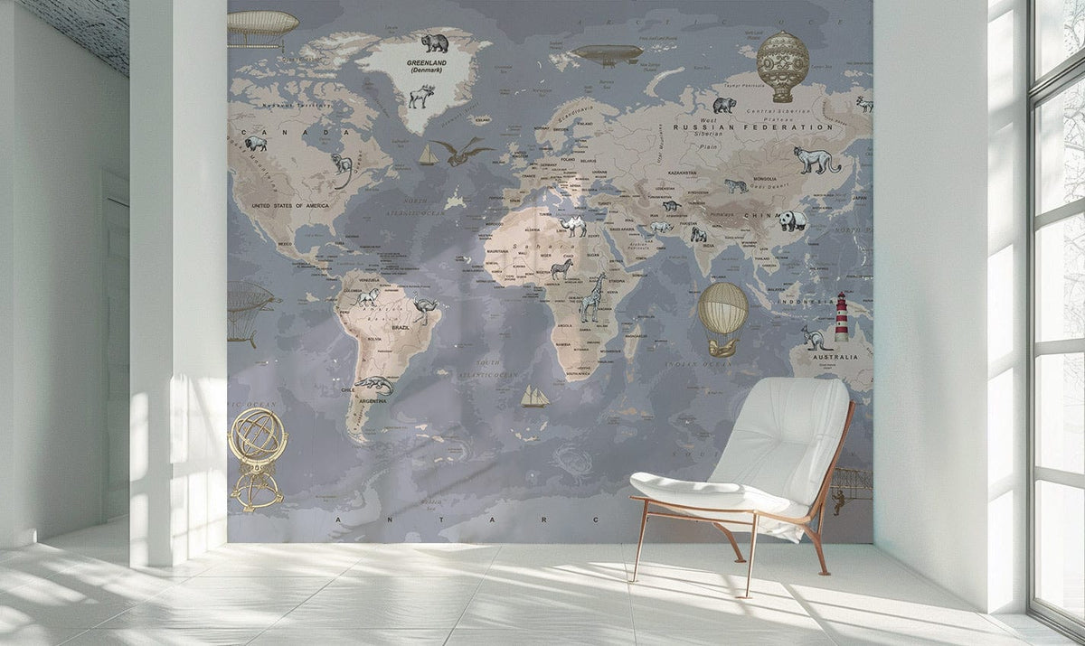 Vintage World Map Mural Wallpaper; grey tones; white chair; tiled floor; bright living room setting.