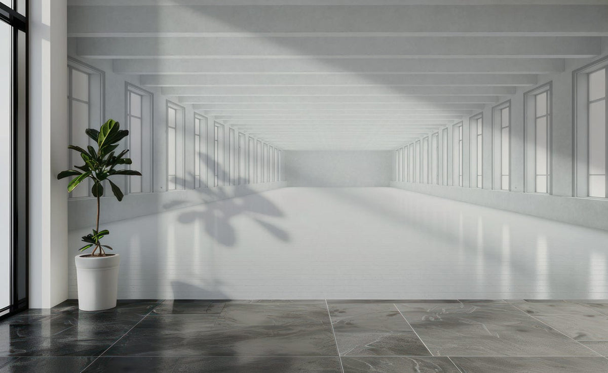 Minimalist white architectural mural wallpaper in spacious room with grey marble flooring, large windows, and plant.