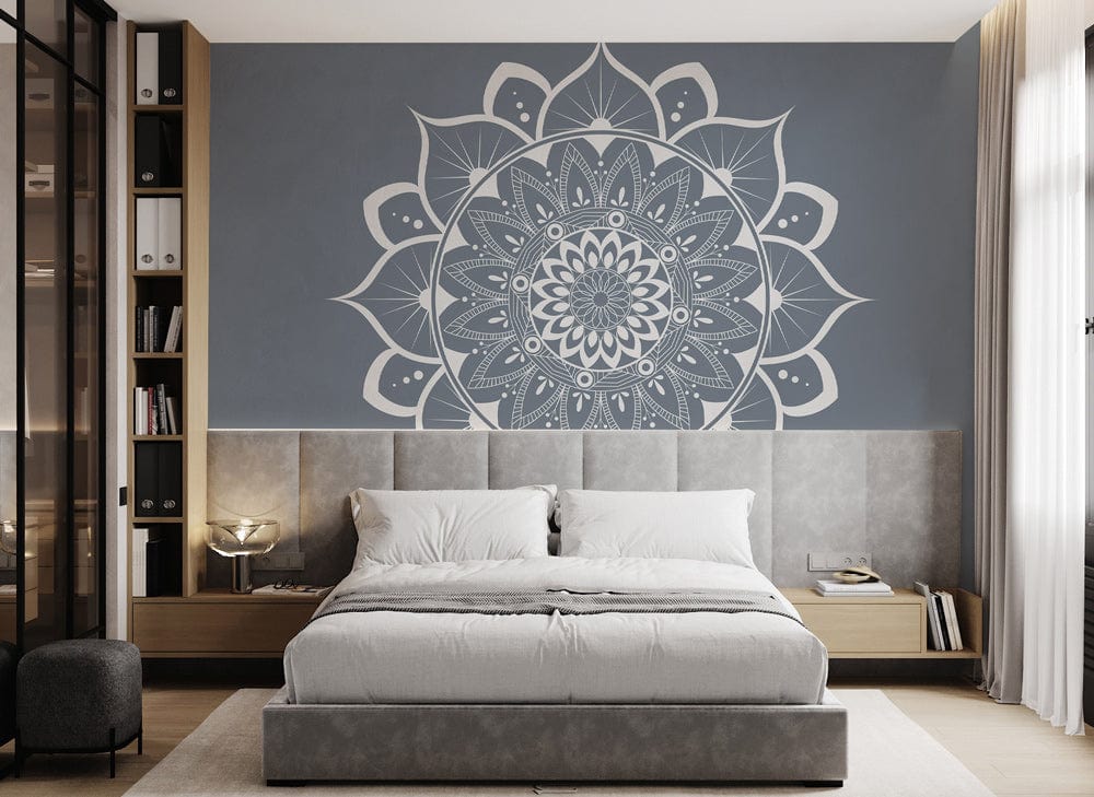 Elegant Grey Mandala Wallpaper in modern bedroom with grey bed, wood flooring, and minimalist decor.