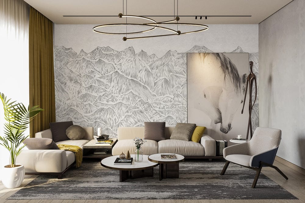 Elegant grey mountain sketch wallpaper mural in living room with modern beige sofas and stylish lighting.