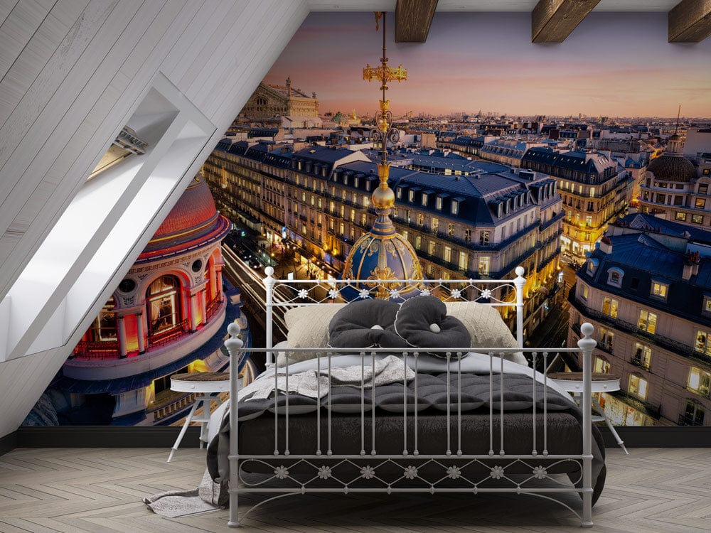 Paris Skyline at Dusk Mural Wallpaper in attic bedroom with metal bed, wood beams, grey flooring.