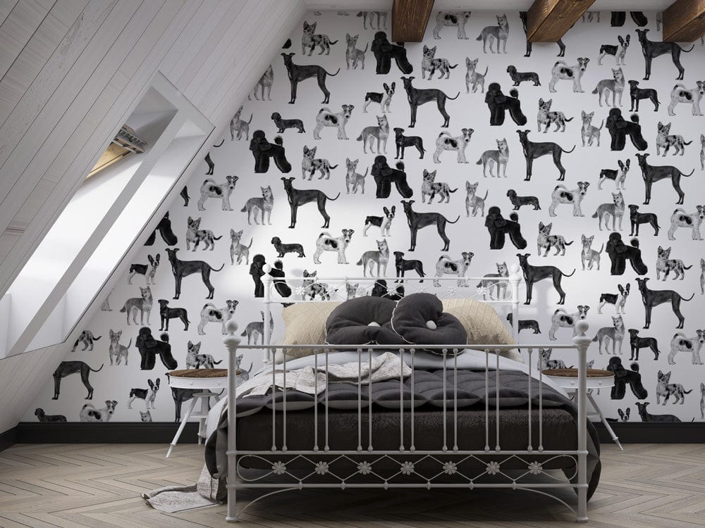 Monochrome dog silhouette wallpaper, stylish attic bedroom, metal bed, wooden beams, herringbone flooring.