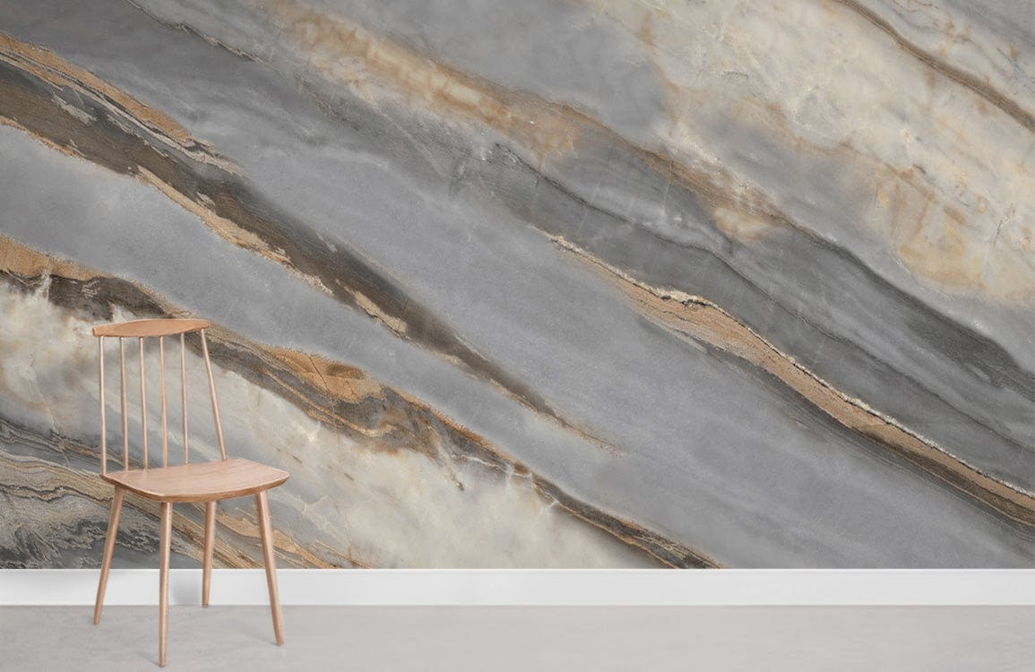 Elegant grey marble effect wallpaper with earthy tones, wooden chair, modern decor, light flooring.