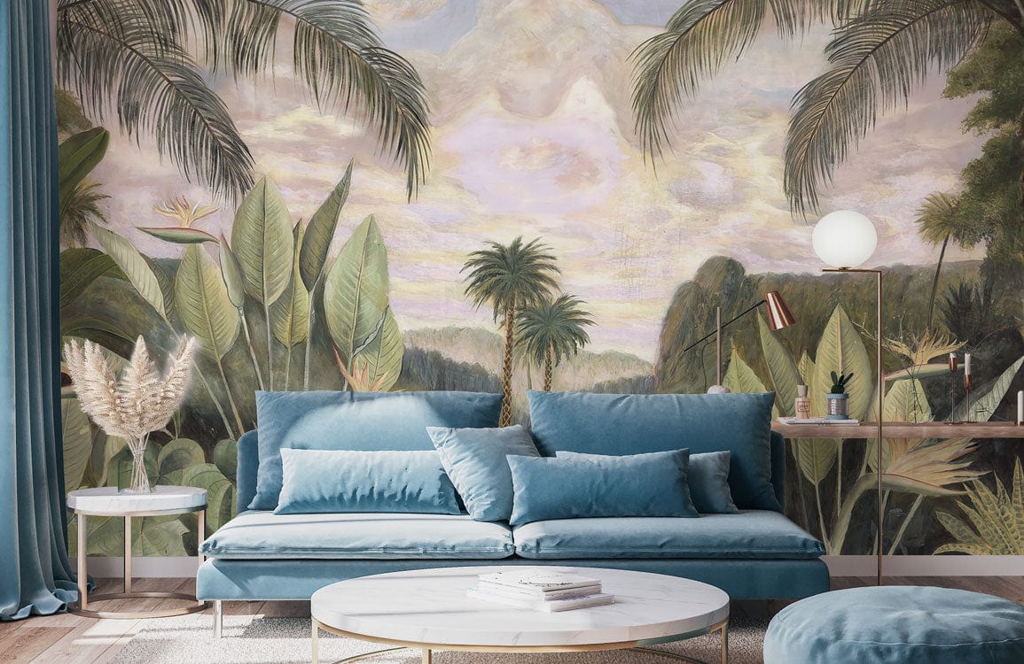 Tropical Paradise Jungle Mural Wallpaper with palm trees, blue sofa, modern tables, elegant living room.