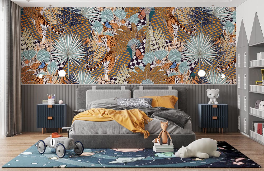 Tropical Safari-Inspired Wallpaper in vibrant jungle pattern, grey bed, blue bedside tables, for bedroom.