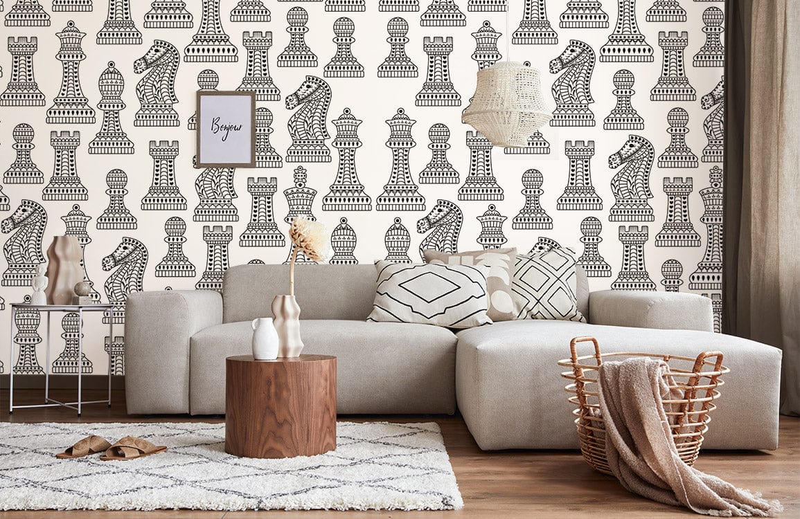 Monochrome chess wallpaper in living room with beige sofa, wooden flooring, and geometric decor accents.