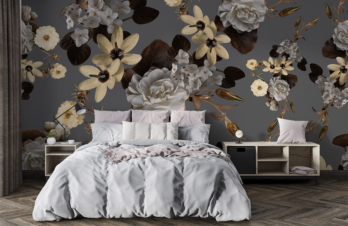 Elegant grey floral wallpaper with cream accents, vintage pattern, bedroom setting, neutral bedding, wooden flooring.