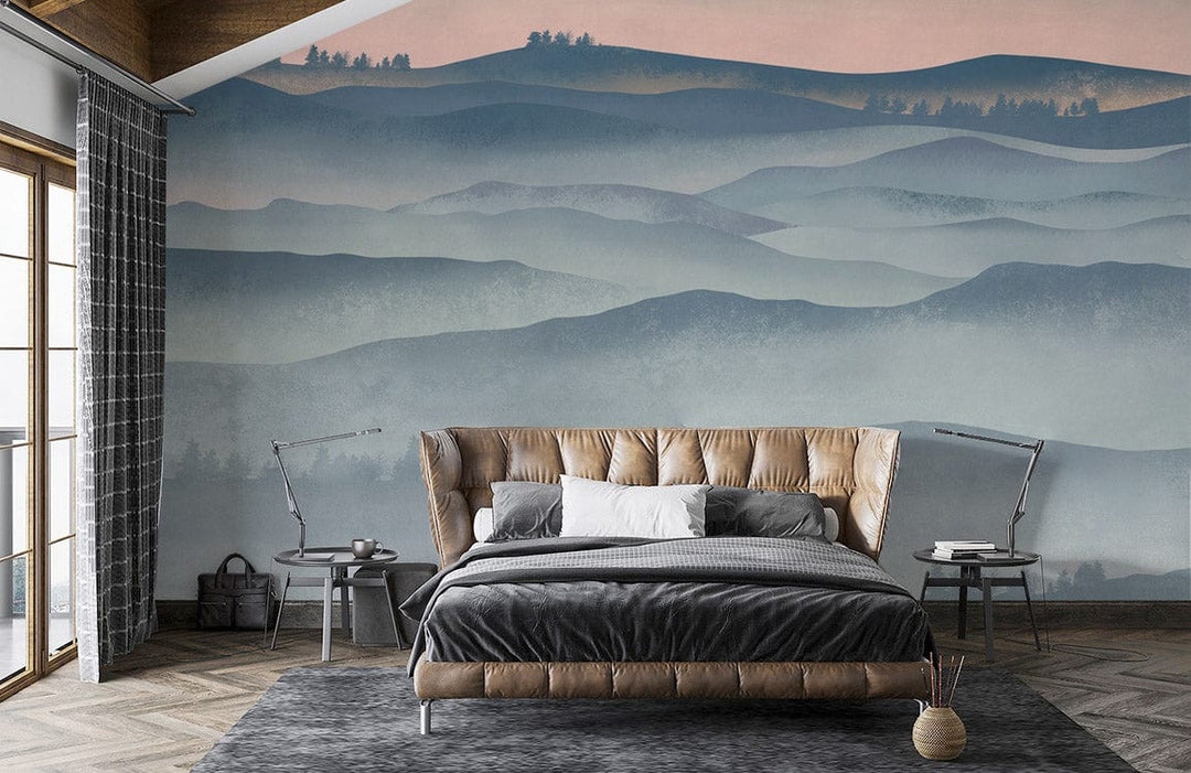 Tranquil Misty Mountain mural in pastel, velvet bed, chevron wood flooring in modern bedroom setting.