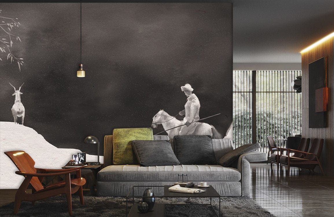 Monochrome Horseman Journey Mural Wallpaper; grey sofa, wooden chairs, modern living room, dark flooring.