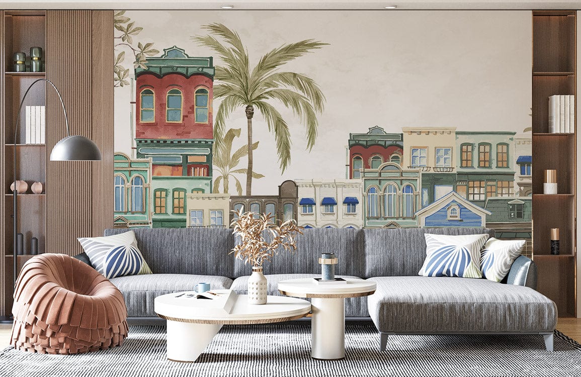 Vintage Urban Landscape mural wallpaper with soft pastel watercolour; modern grey sofa; stylish decor.