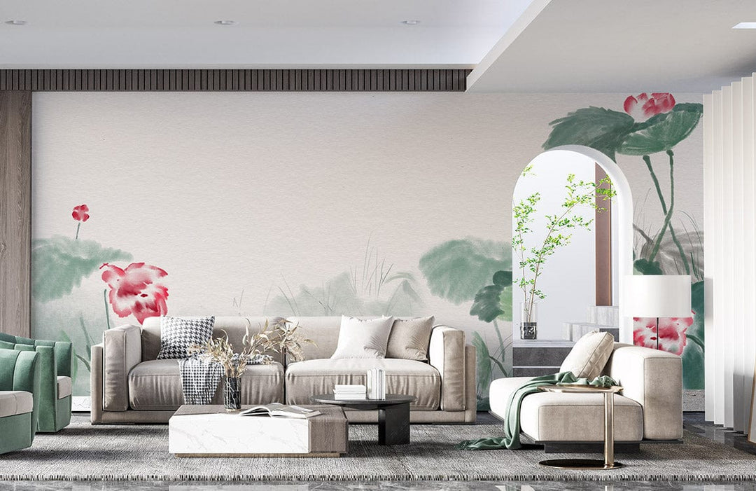 Oriental Watercolour Lotus Mural Wallpaper with beige sofa, green armchair, modern living room decor.