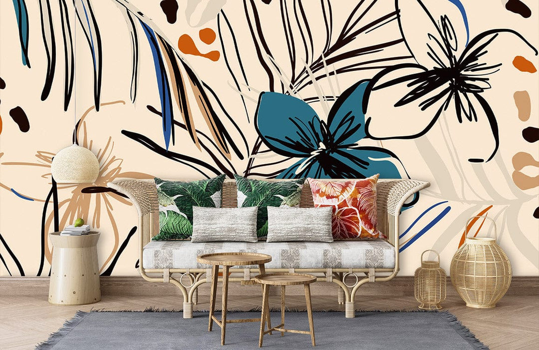 Botanical Breeze wallpaper with modern abstract floral design, rattan sofa, hardwood floor, decorative cushions.