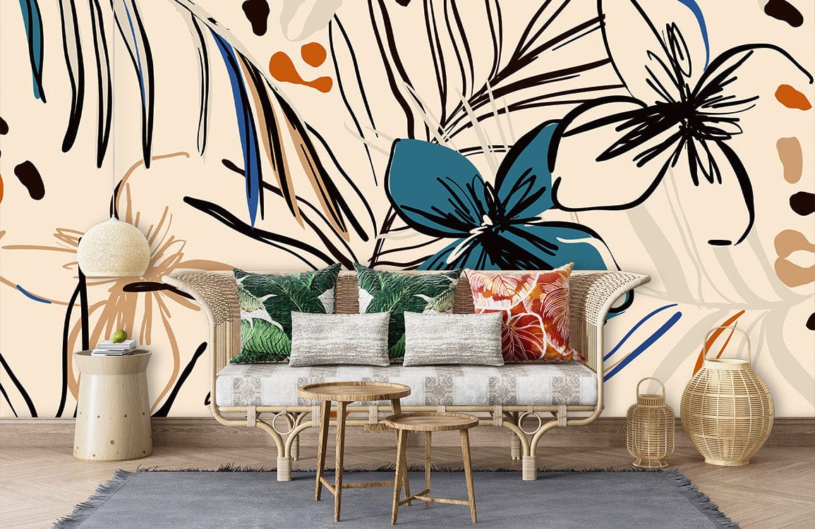 Botanical Breeze wallpaper with modern abstract floral design, rattan sofa, hardwood floor, decorative cushions.