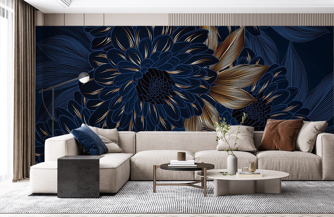 Elegant midnight blue floral wallpaper with gold accents, beige sectional sofa, white curtains, modern living room.