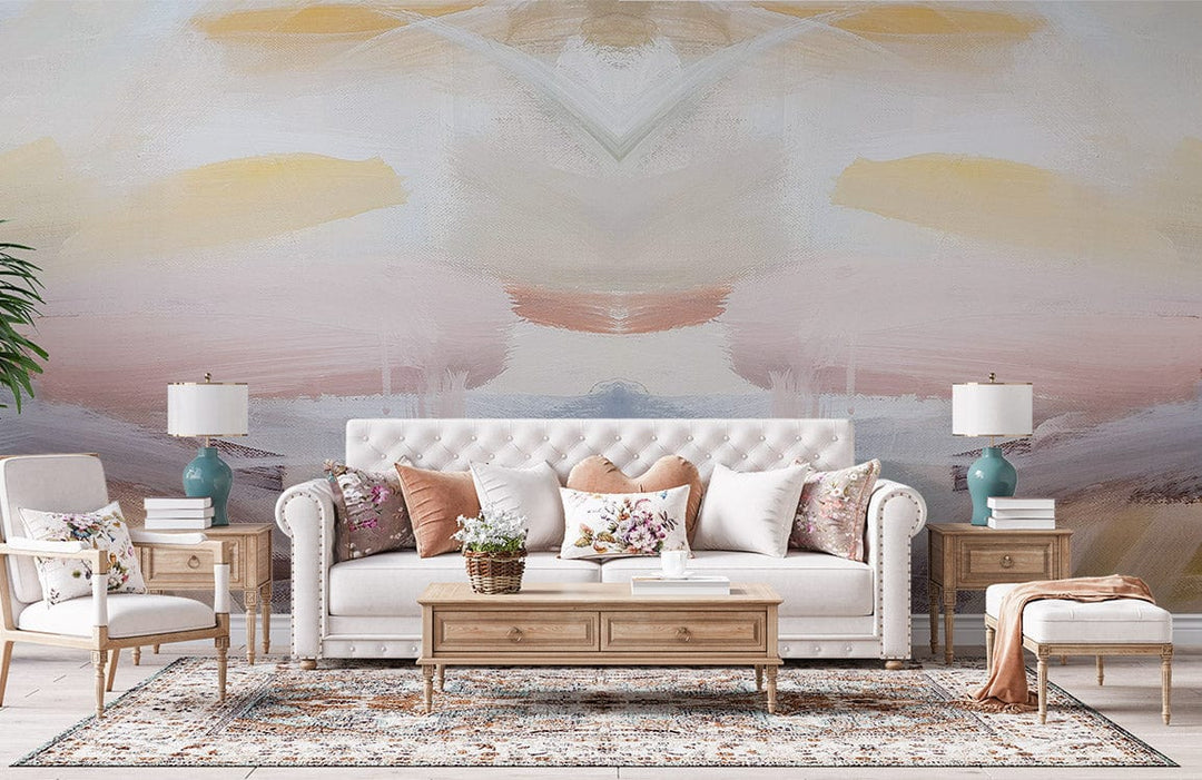 Serene pastel abstract wallpaper in lounge with white sofa, wooden furniture, rug, and blue lamps.