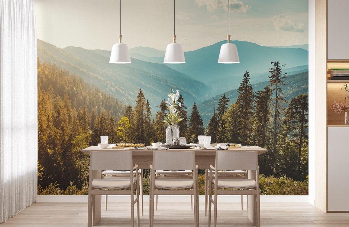 Tranquil Mountain Sunset scenic mural in dining room, featuring earthy tones and modern wooden dining set.