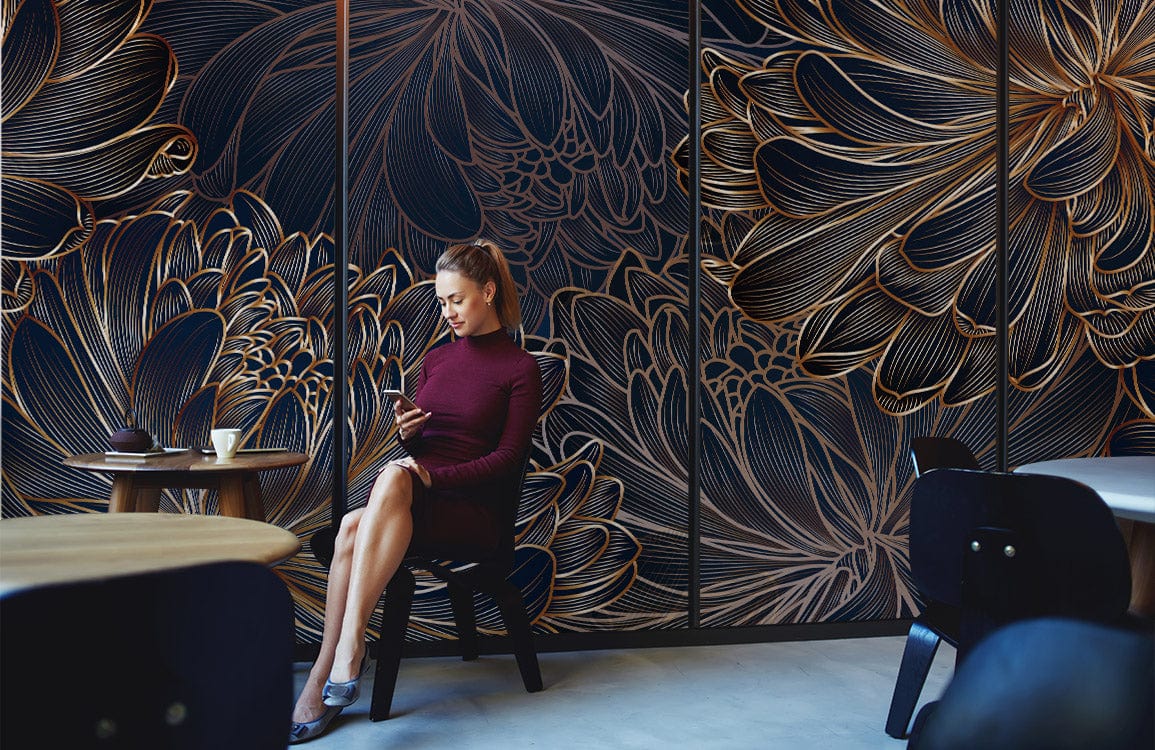 Elegant dark floral wallpaper with gold accents, stylish modern chair, stone flooring, cosy room setting.