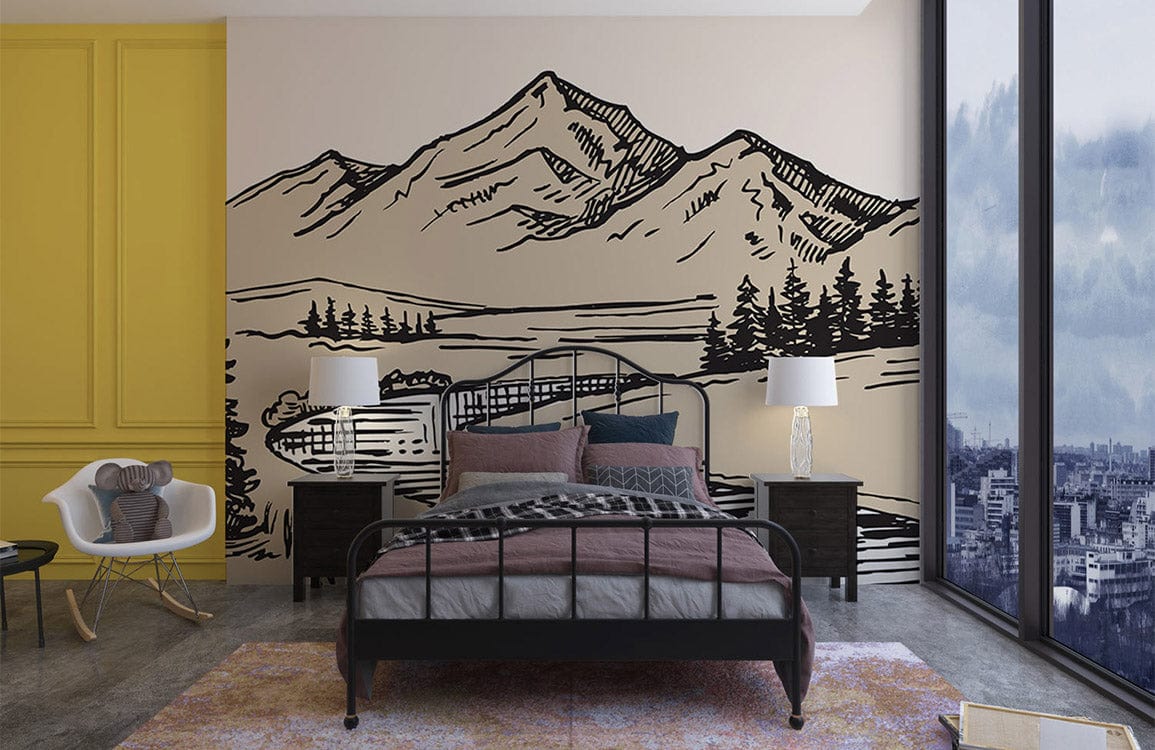Tranquil mural wallpaper in modern bedroom with grey bed, yellow accent wall, city view.