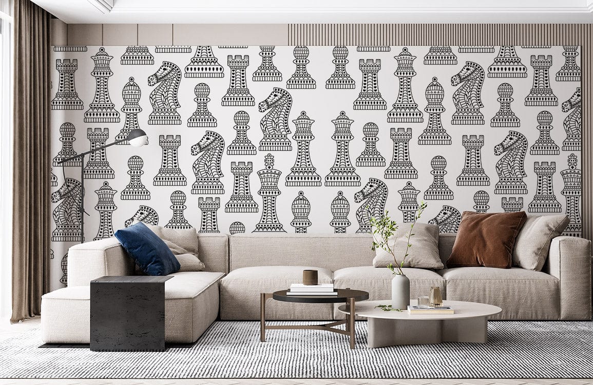 Monochrome chess wallpaper, contemporary design with beige sofa, black side table, modern living room decor.