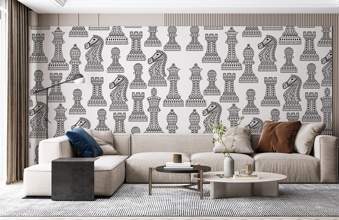 Monochrome chess wallpaper, contemporary design with beige sofa, black side table, modern living room decor.