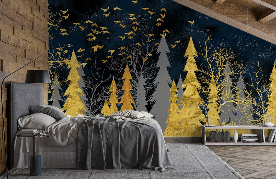 Golden Forest mural wallpaper in modern bedroom, grey bed, wooden walls, and birds design.