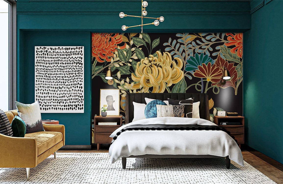 Elegant vintage floral wallpaper with autumn blooms, teal walls, mustard sofa, cosy bedroom, contemporary style.