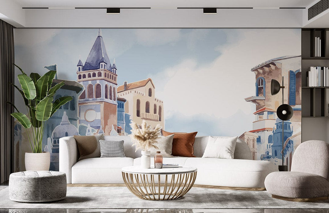 Luxurious living room featuring Watercolour Venetian Skyline Mural Wallpaper, with elegant white sofa, plush rug.